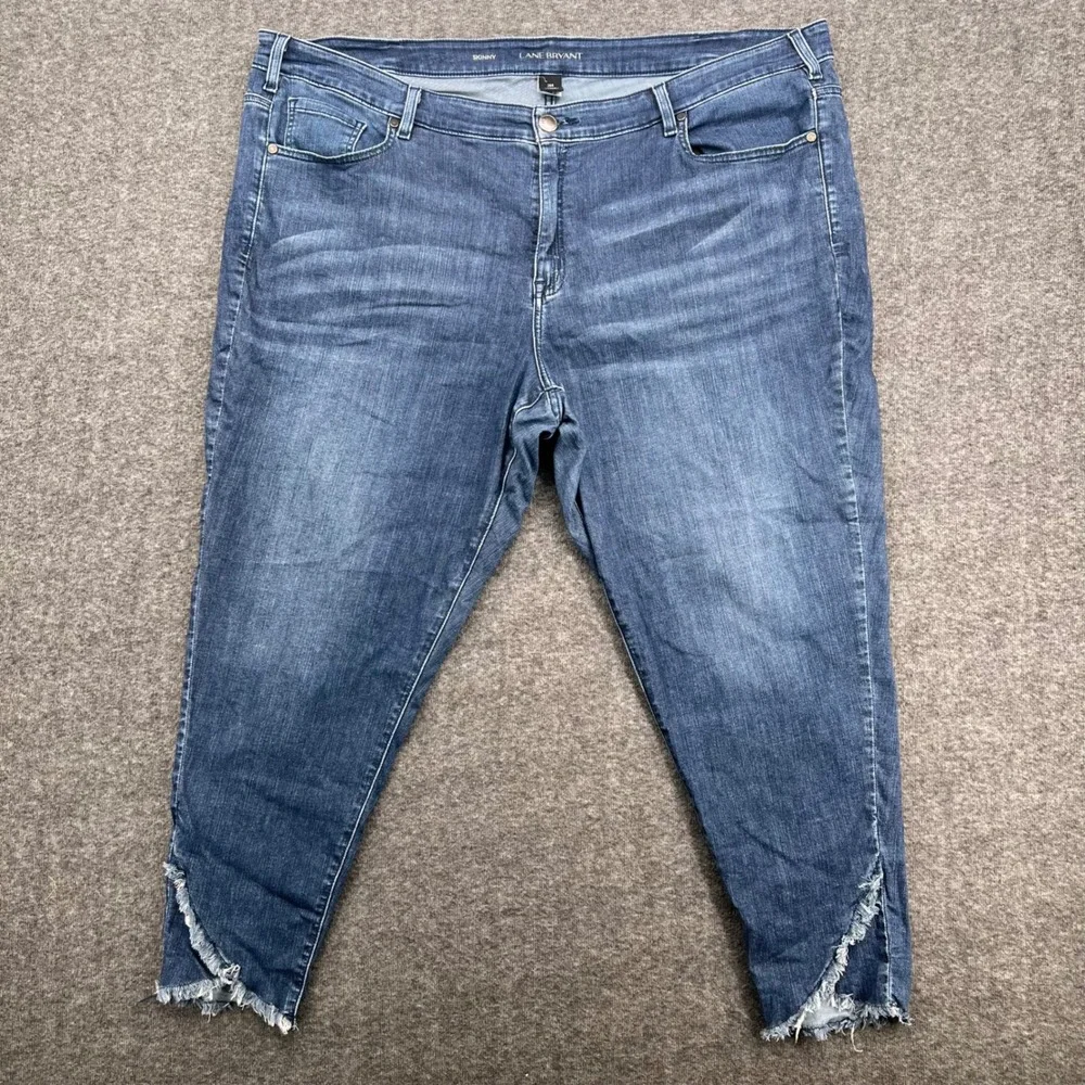 Lane Bryant Skinny Jeans Women 26R Blue Medium Wash Tulip Raw Hem Fringe Stretch